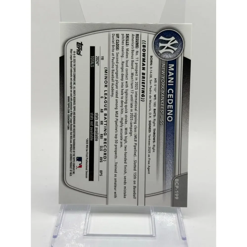 2025 Bowman Chrome Mani Cedeno 1st Green Geometric Refractor 56/99 SP Yankees